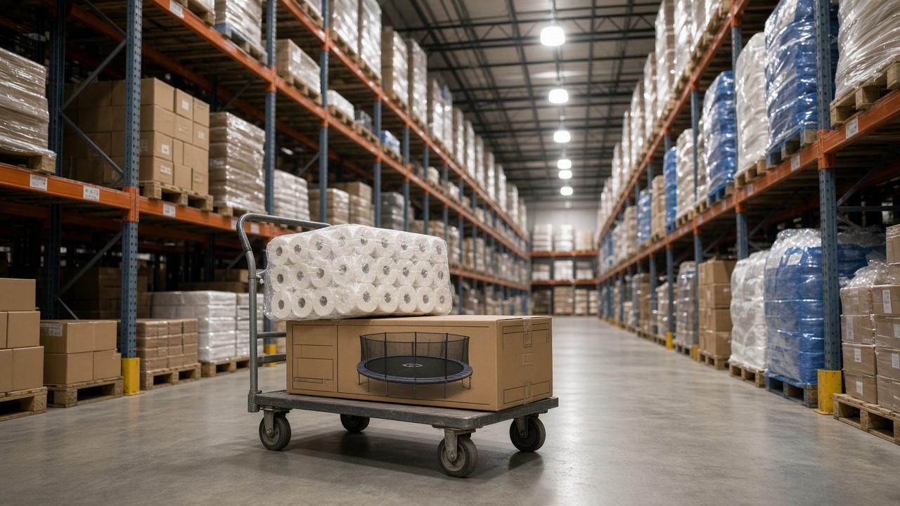 A flatbed cart holding a big pack of toilet paper and a boxed trampoline in a tall warehouse-store aisle stacked with shrink-wrapped pallets.