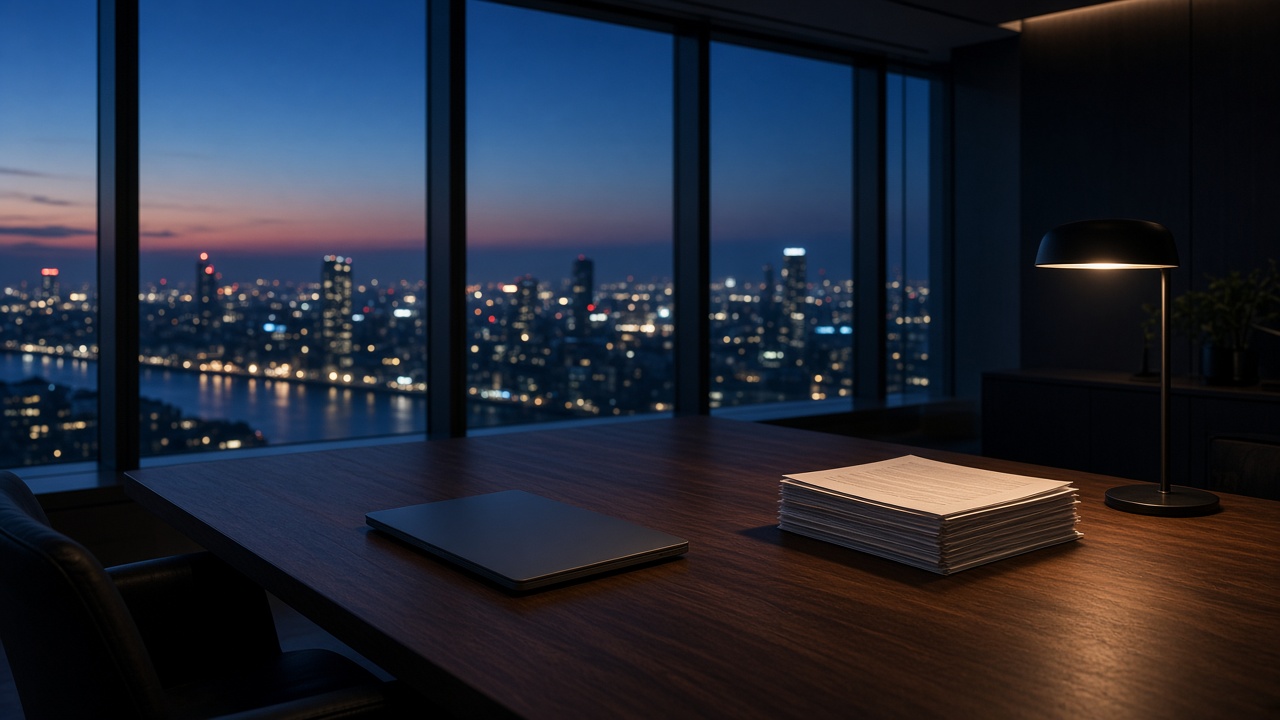 A dark high-rise office at dusk: a closed laptop and a stack of papers on a polished table under a desk lamp, a city skyline and river lit up beyond the windows.