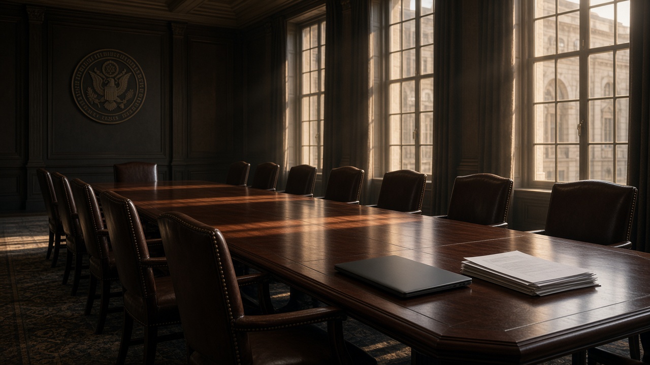 A wood-paneled government boardroom with a long table and empty leather chairs, a closed laptop and a stack of papers in a shaft of window light, an official seal on the far wall.