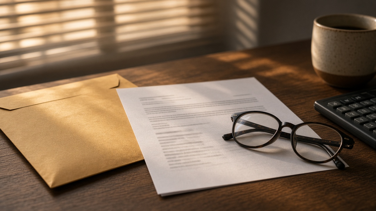 A kraft envelope and a printed letter under a pair of reading glasses on a desk, a calculator and a coffee mug beside them, light slanting through window blinds.