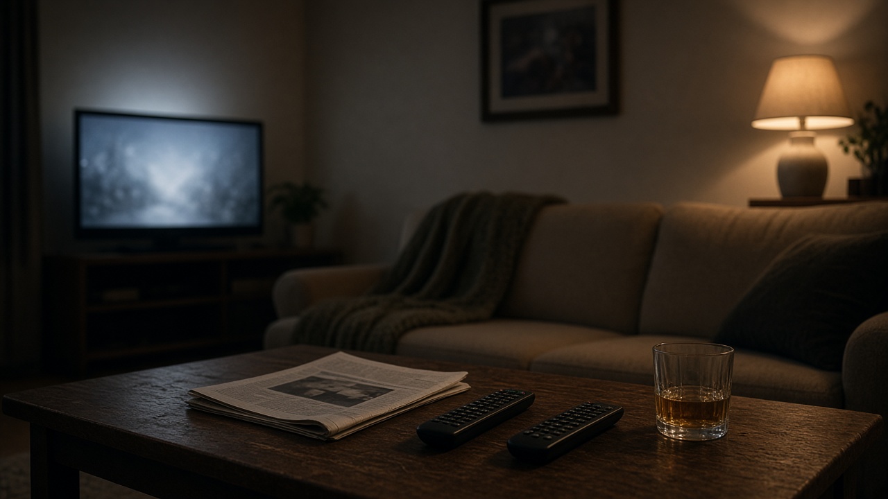 A dim living room at night: a television glowing on a stand, a folded newspaper, two remote controls and a glass on the coffee table in front of an empty sofa.