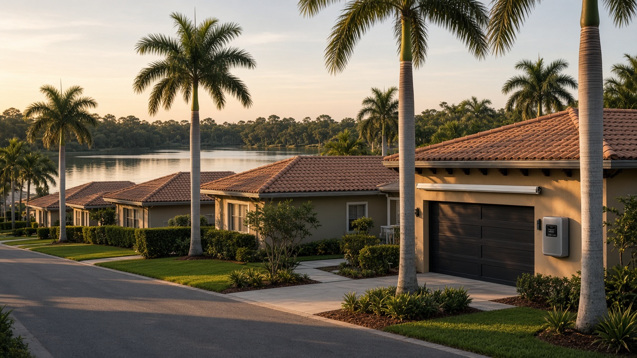 A row of matching tan stucco houses with tile roofs and tall palm trees along a quiet street beside a lake, early-morning light.