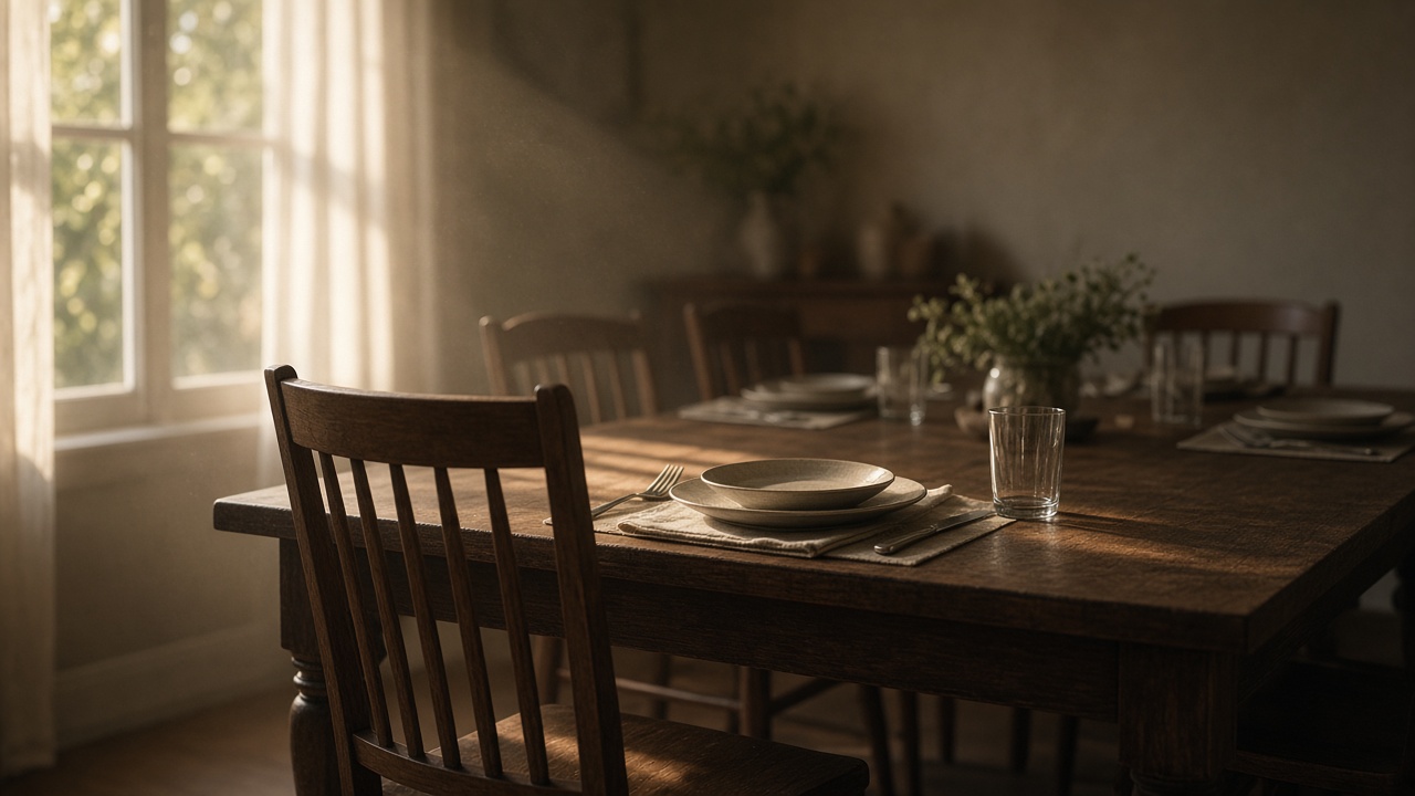 A dining table set for a family meal with one chair pulled back and empty, soft light coming through sheer curtains.