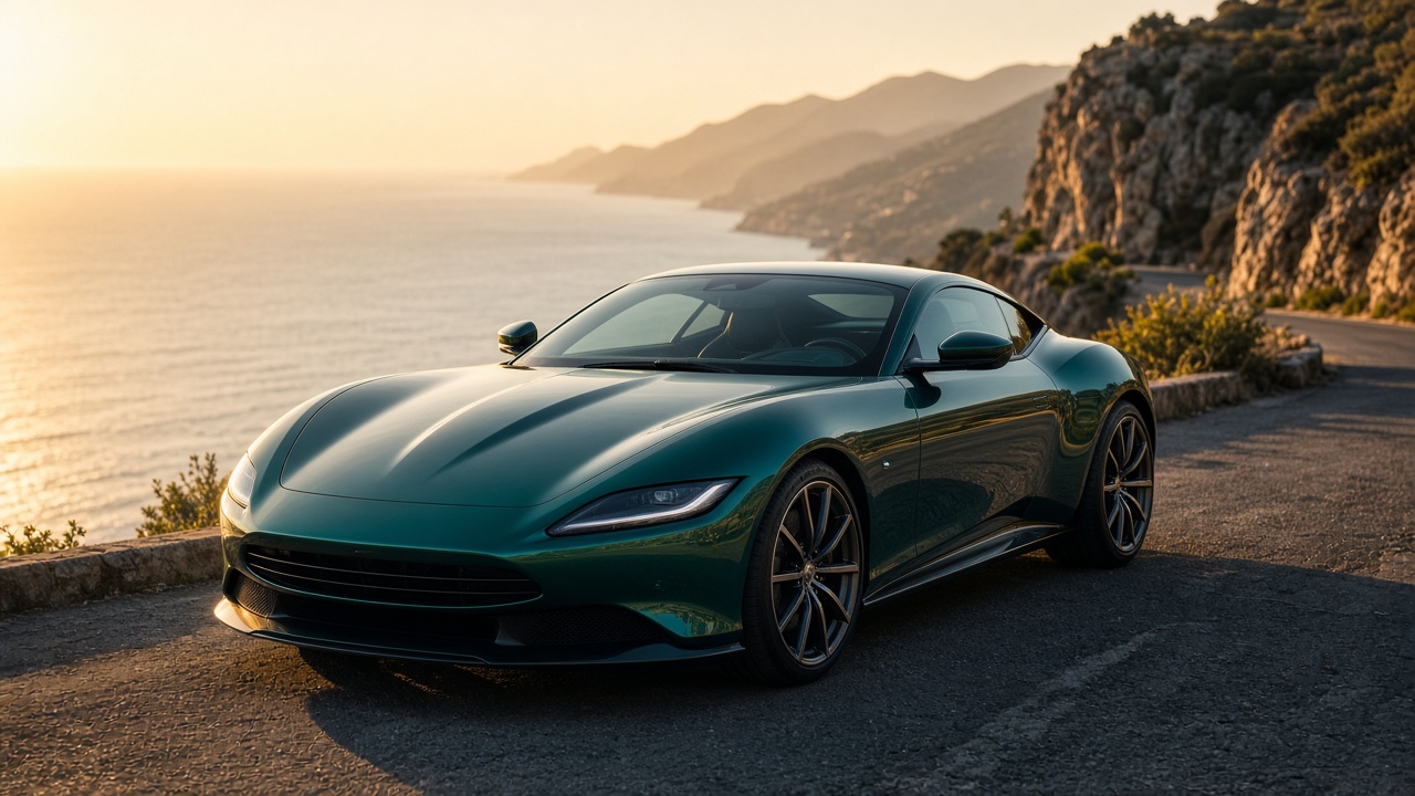 A dark teal grand-touring coupe parked on a cliffside coastal road above the sea at golden hour.