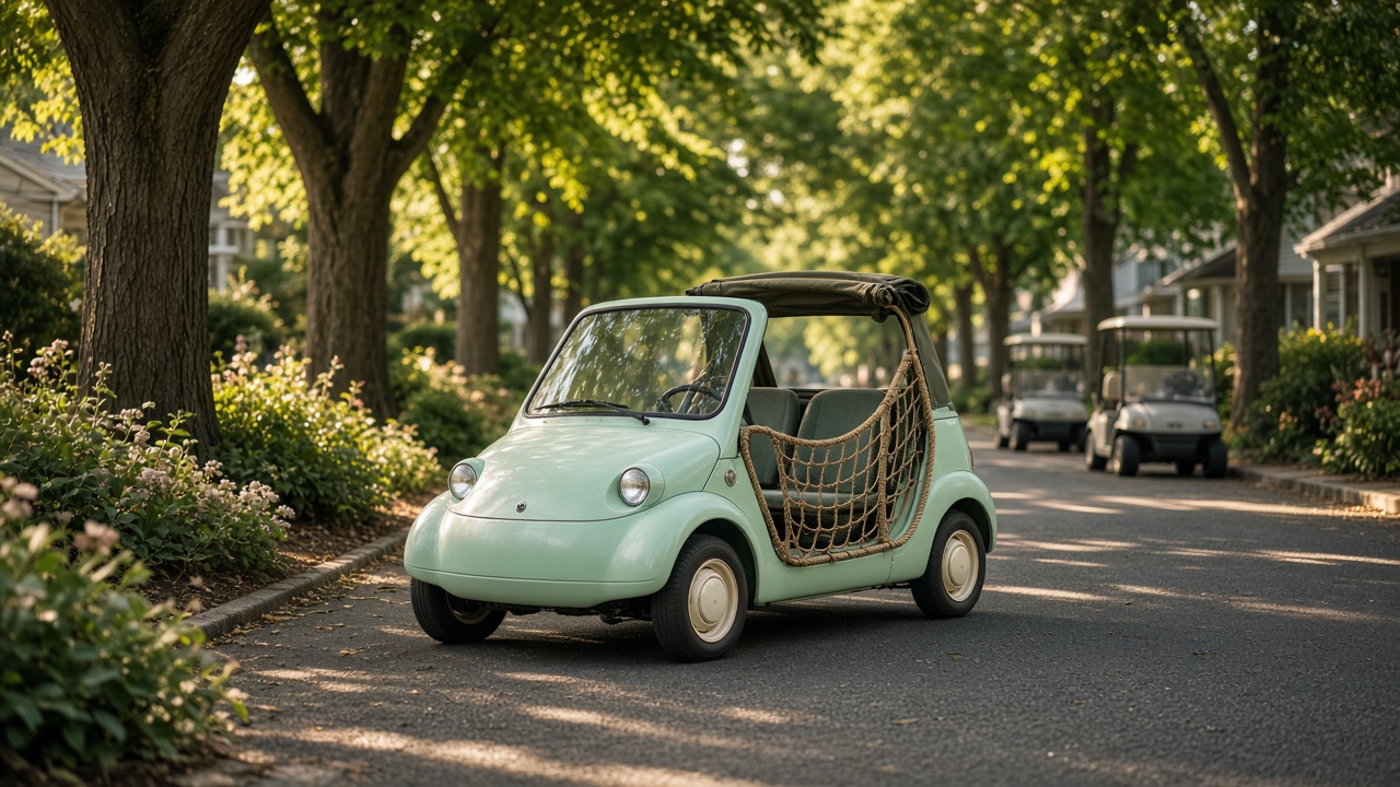 A mint-green two-seat microcar with rope netting in place of doors on a tree-lined residential lane, golf carts parked in the background.