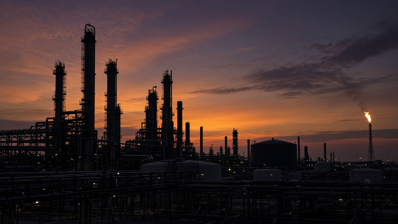 An oil refinery's towers and stacks in silhouette against an orange sunset sky, a flare burning at the right.