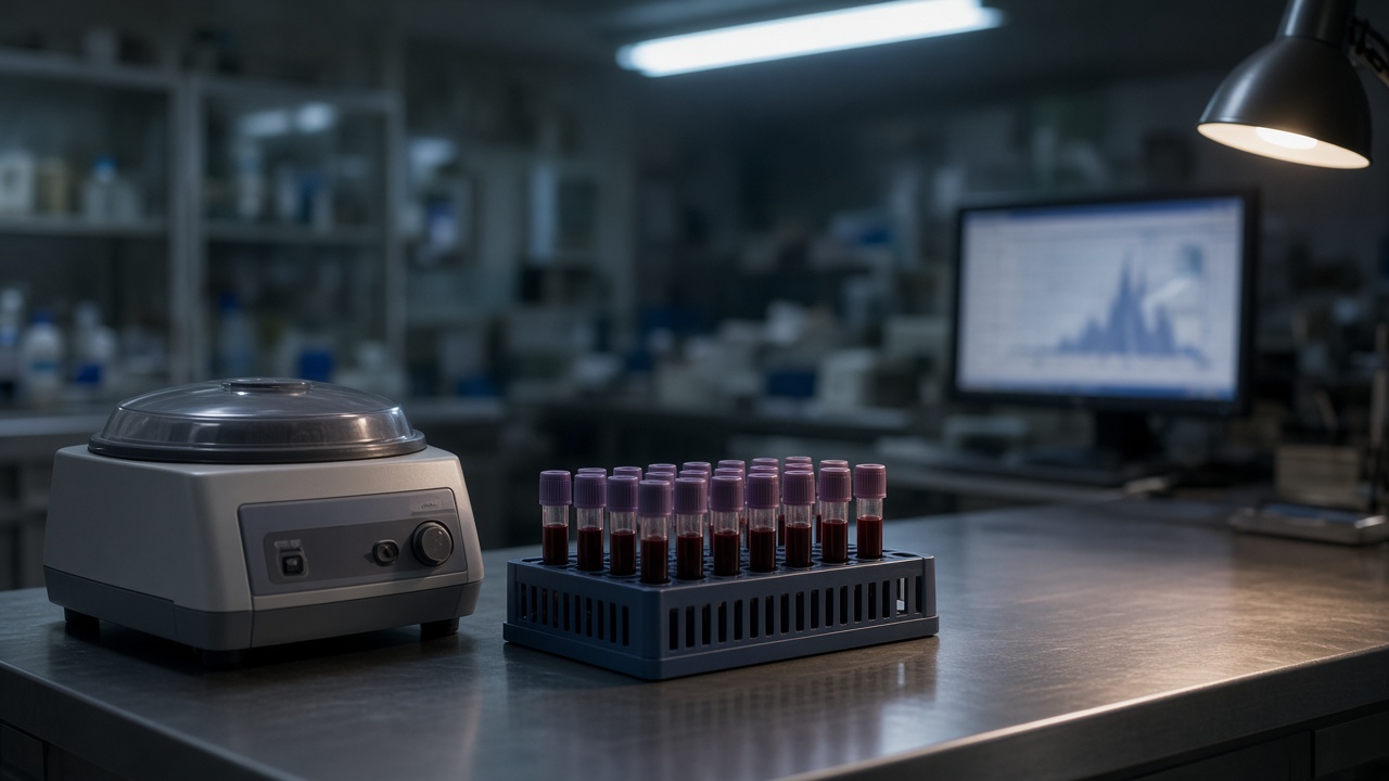 A rack of blood-sample tubes beside a benchtop centrifuge on a steel lab counter, a monitor showing a chart in the background.
