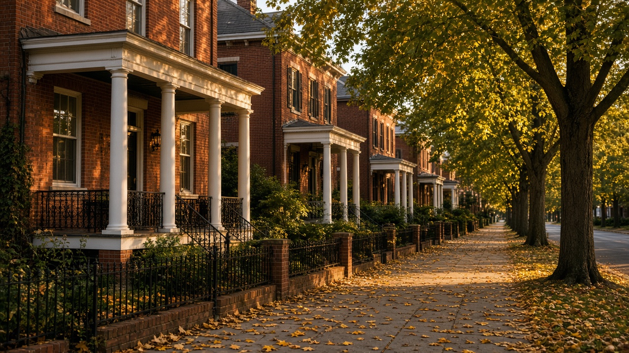 A leafy sidewalk lined with red-brick houses with white-columned porches, fallen leaves on the path in autumn afternoon light.