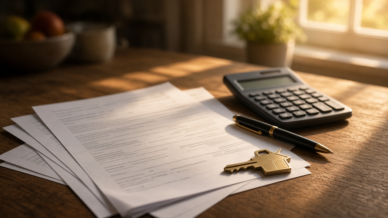 Loan papers, a calculator, a pen and a house key on a wooden table in warm window light.