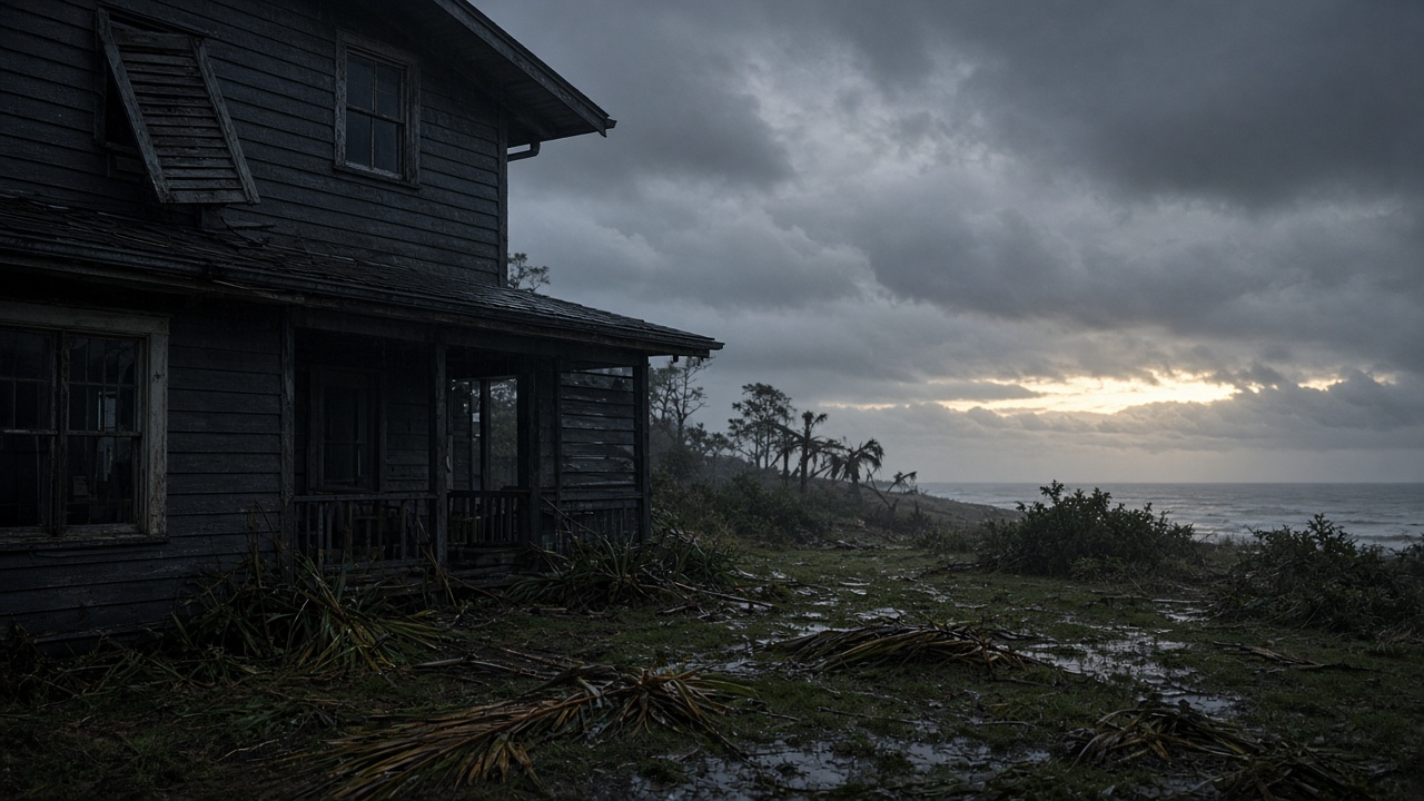 A weathered wooden house on a windswept coastal bluff under heavy storm clouds, debris scattered across the wet ground and the sea beyond.