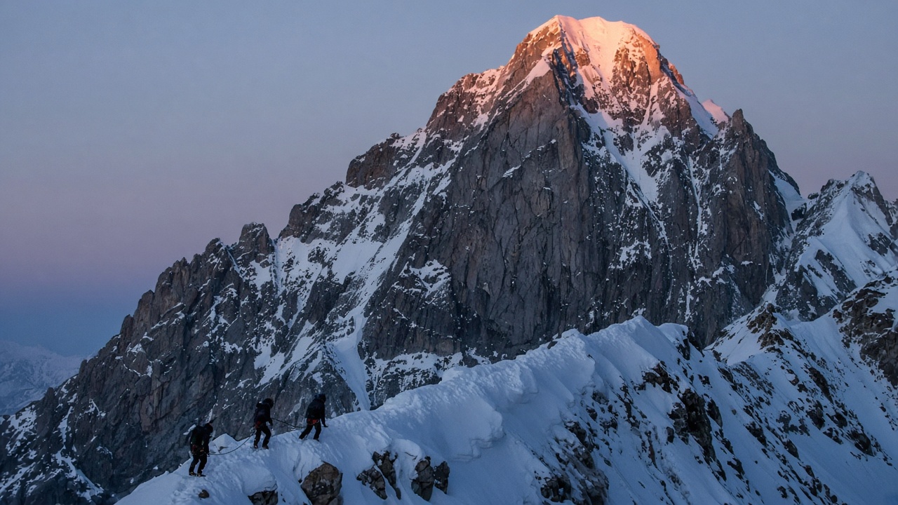 Three climbers roped together on a snowy ridge below a jagged peak lit pink at dawn.