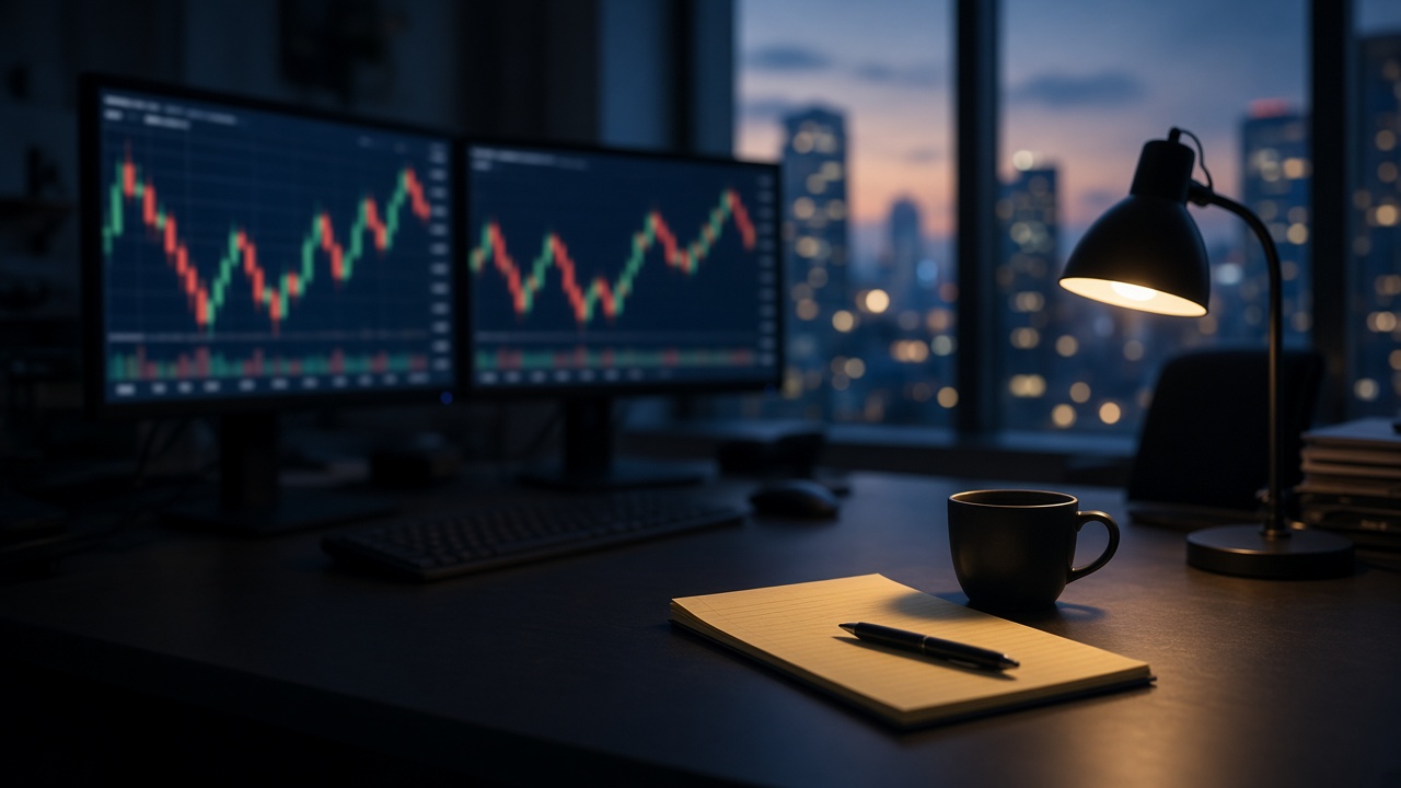 An office desk at dusk with two monitors showing market charts, a desk lamp, a coffee cup and a notepad with a pen, city towers lit beyond the window.