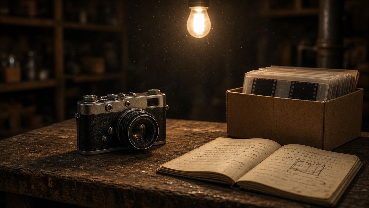 A vintage rangefinder camera on a cellar workbench beside an open handwritten notebook and a box of film negatives, lit by a single bare bulb.