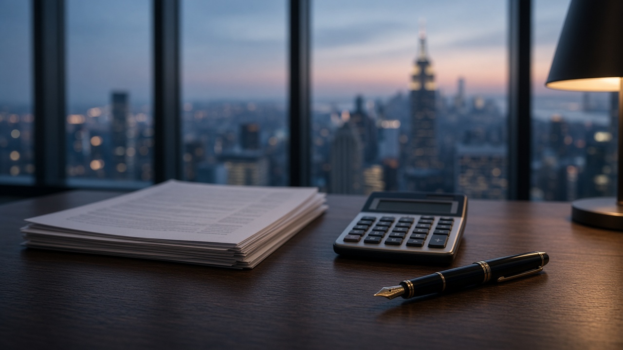 A stack of papers, a calculator and a fountain pen on a dark desk in a high-rise office, the city skyline at dusk behind the glass.