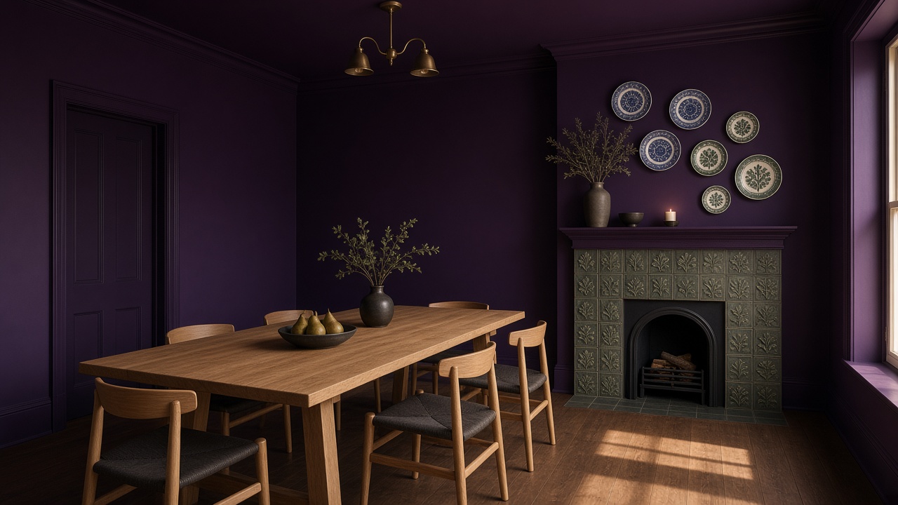 A dining room painted a deep plum on every wall, with a pale wood table and chairs, a tiled fireplace and a cluster of blue-and-white plates on the wall.
