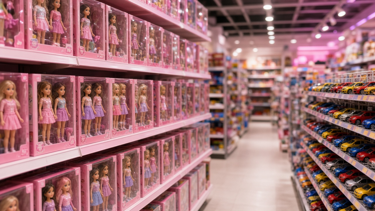 A toy-store aisle with shelves of pink boxed fashion dolls on one side and rows of colorful die-cast toy cars on the other.