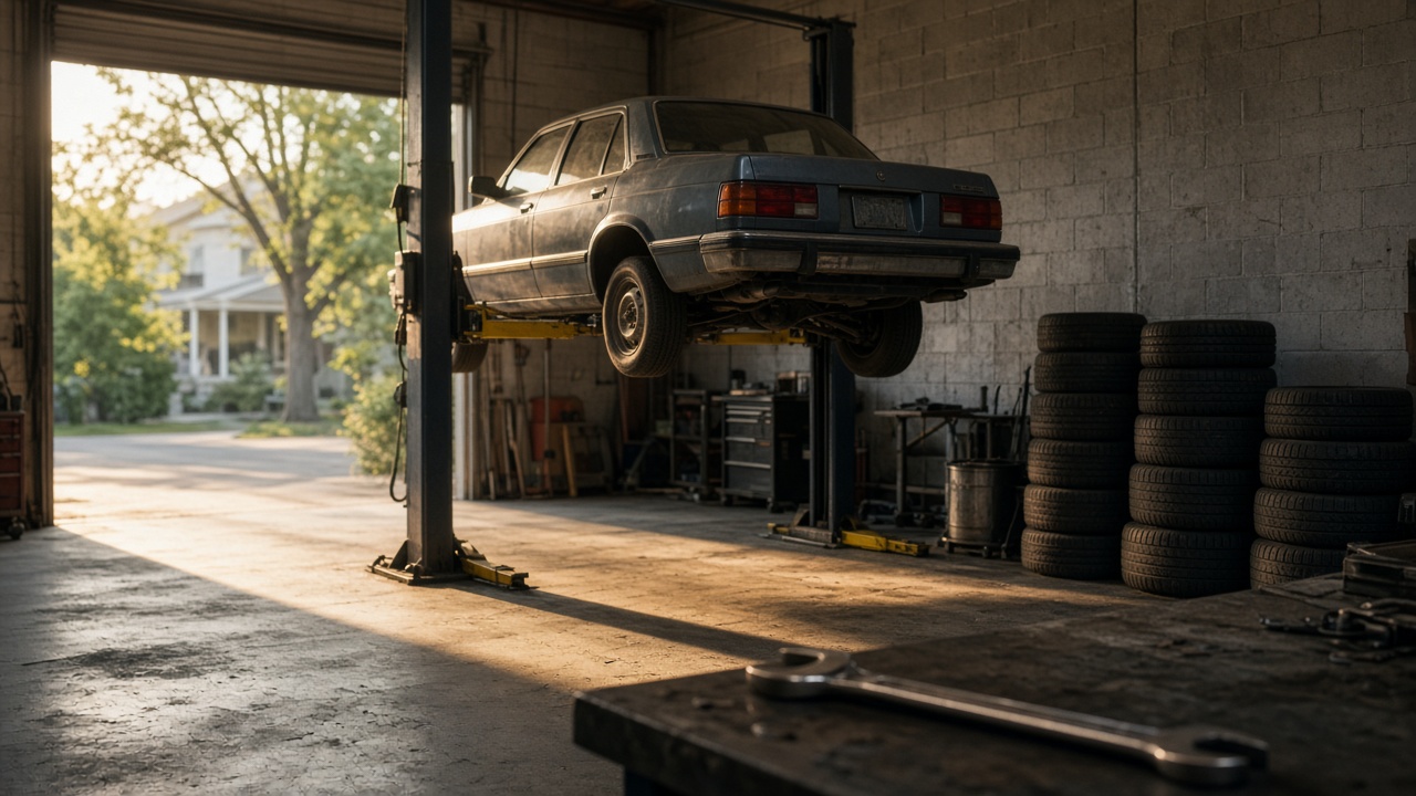 An older sedan raised on a lift in a sunlit repair garage, stacks of tires along the wall and a wrench on the workbench in front.