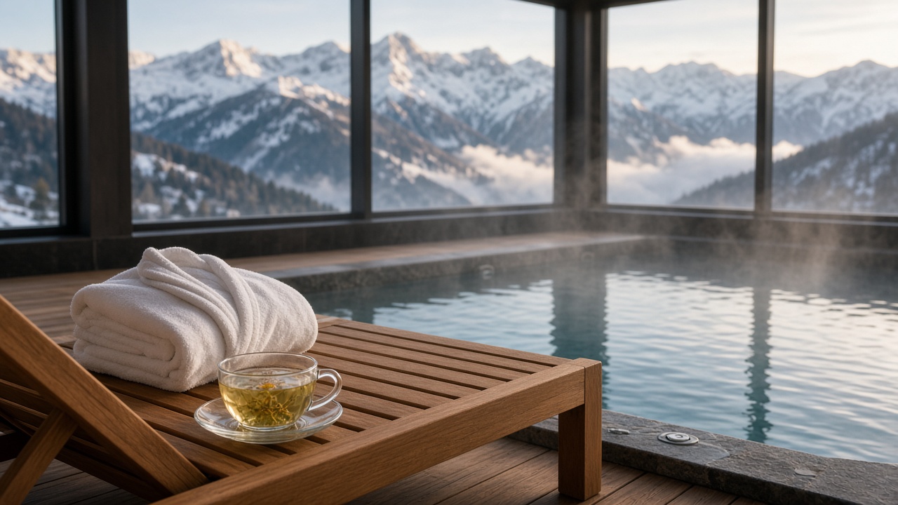 A steaming indoor pool with a wooden lounger, folded white towels and a cup of herbal tea, snow-capped mountains through the floor-to-ceiling windows.