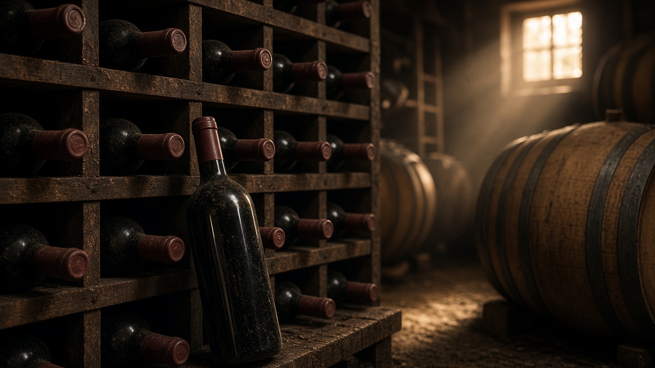 A dusty bottle of red wine standing against a rack of cellared bottles, oak barrels and a small window of light in the background.