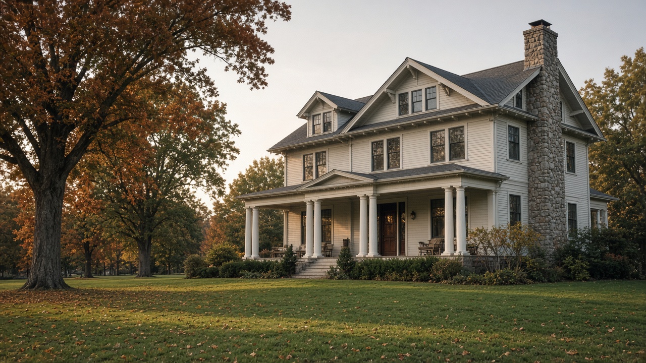 A large white clapboard farmhouse with a stone chimney and a columned porch on a lawn framed by autumn oaks.