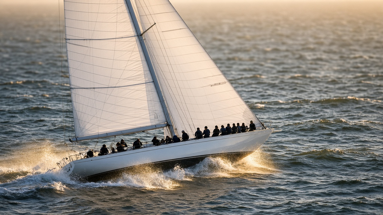 A racing sailboat heeled hard over in choppy water at golden hour, its crew lined along the rail.