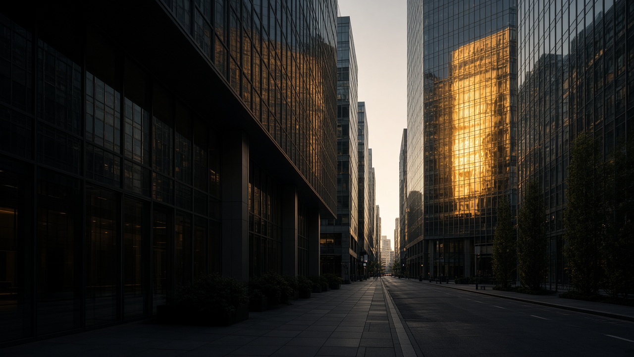 A narrow canyon of dark glass office towers, one facade catching gold sunlight, an empty street running between them.