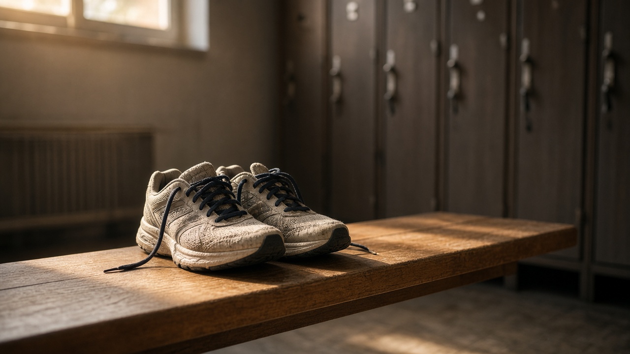 A pair of worn running shoes on a wooden locker-room bench in late-afternoon light.