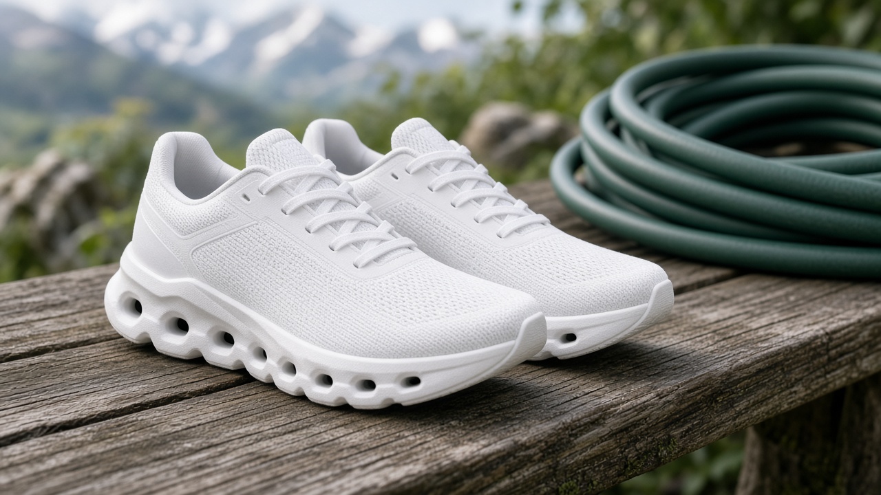 A pair of white running shoes with sculpted soles on a weathered wooden plank beside a coiled garden hose, mountains blurred behind.