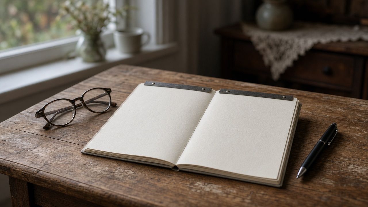 An open blank notebook, a pen and a pair of reading glasses on a wooden table by a window.