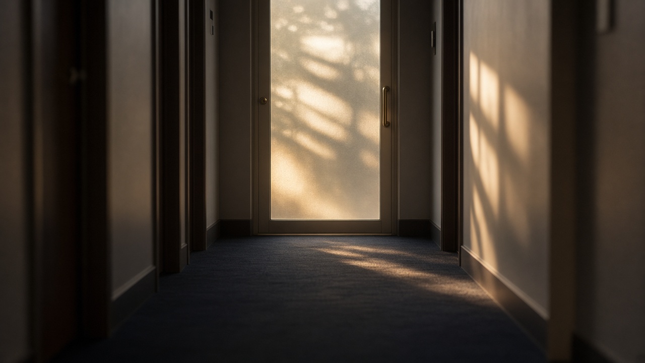 A dark corridor leading to a frosted glass door glowing with warm light at the far end.
