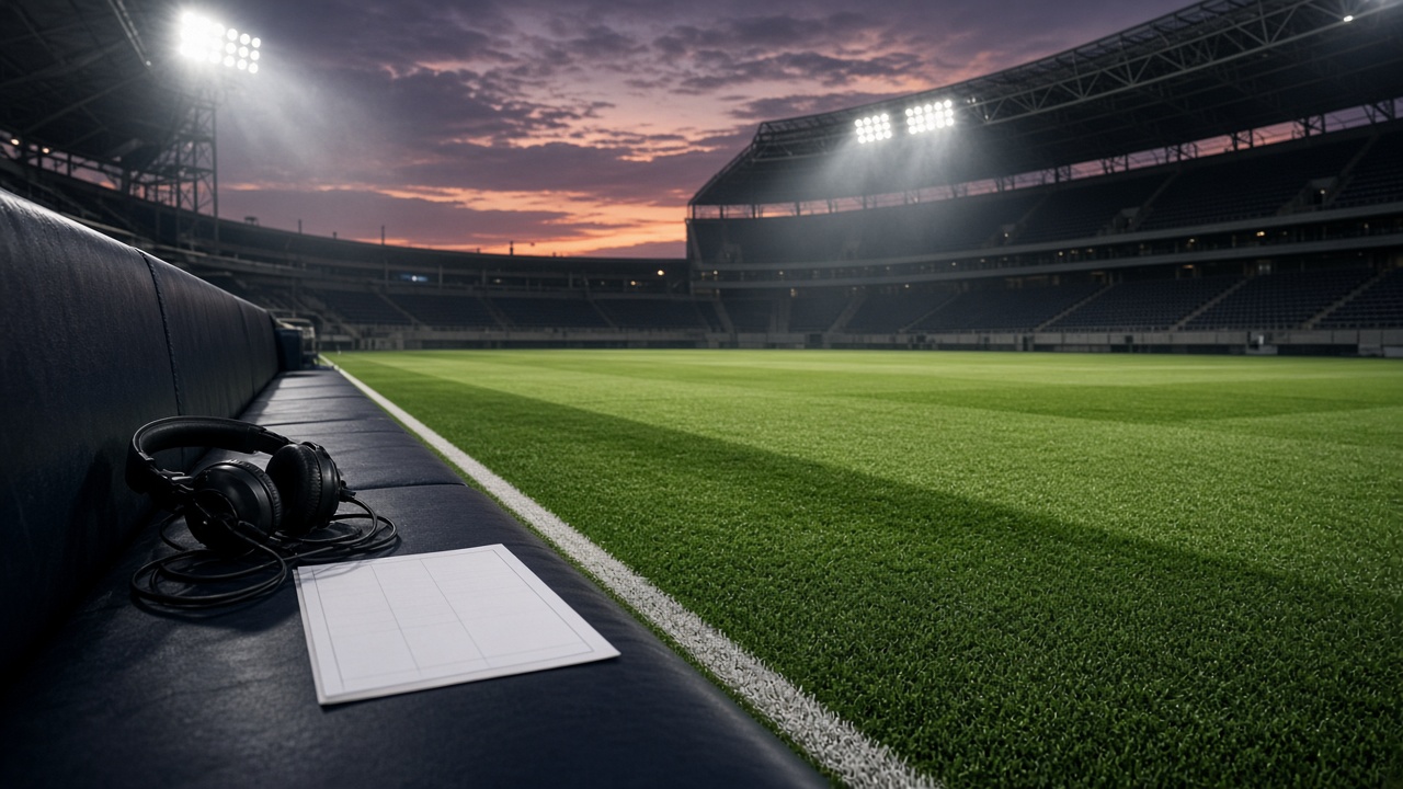 A headset and a play sheet on the bench along an empty football sideline, the stadium lights on against a dusk sky.
