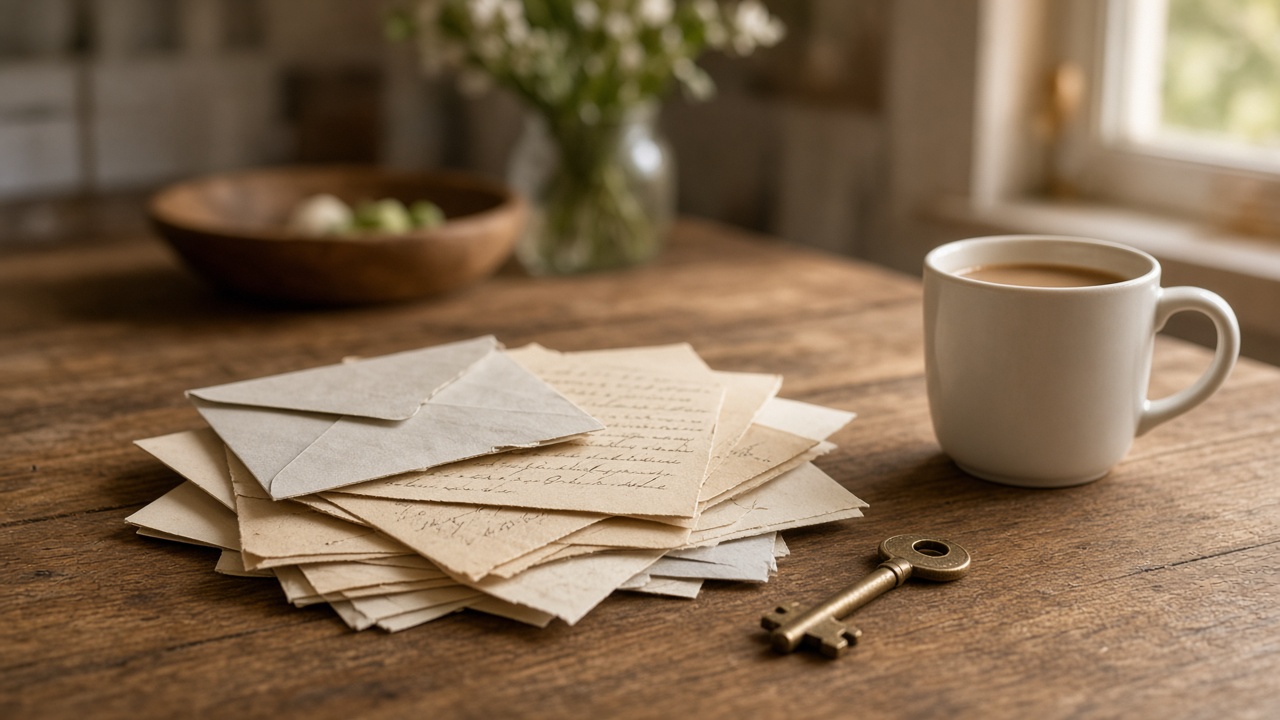 A pile of handwritten letters and an old brass key beside a cup of coffee on a wooden kitchen table.