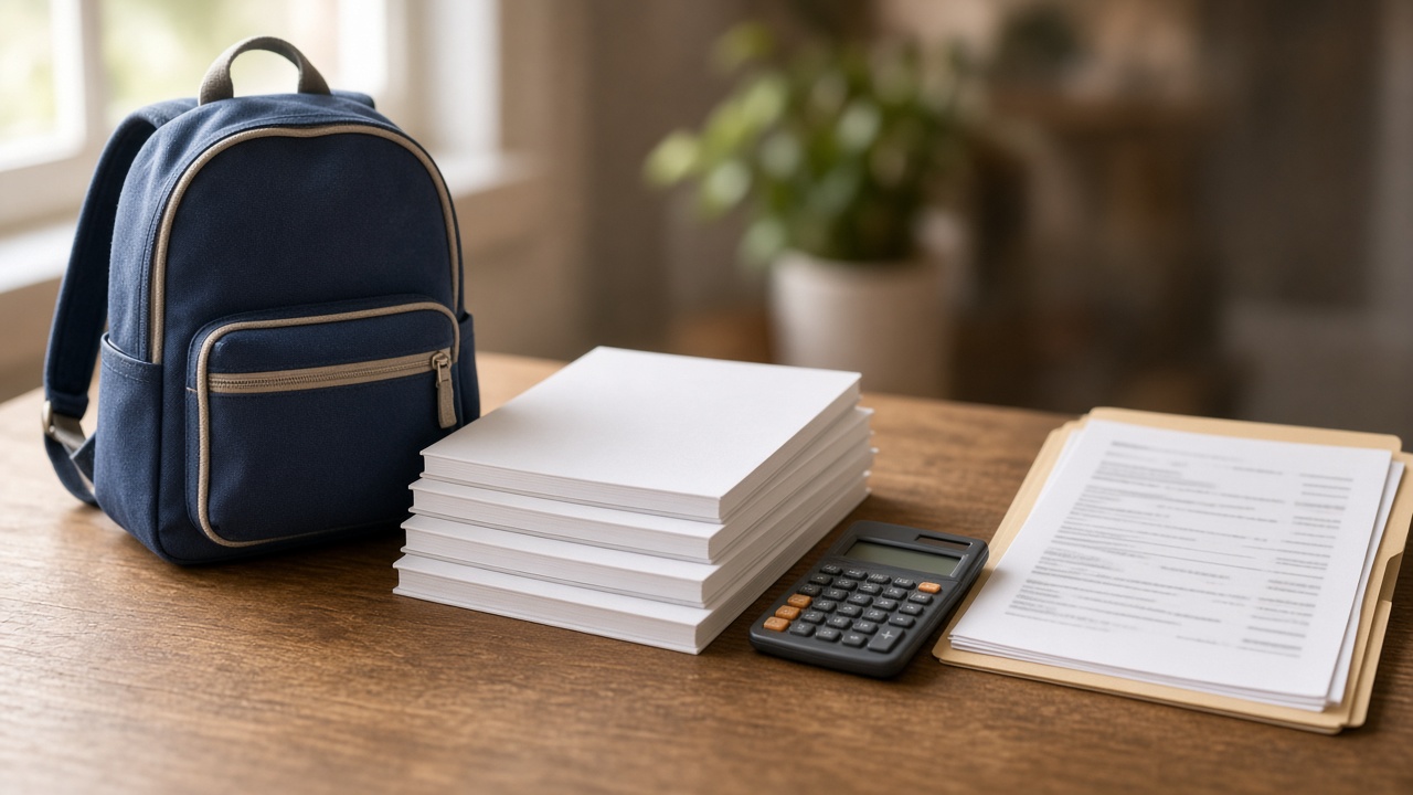 A navy school backpack beside a stack of notebooks, a calculator and a folder of forms on a sunlit table.