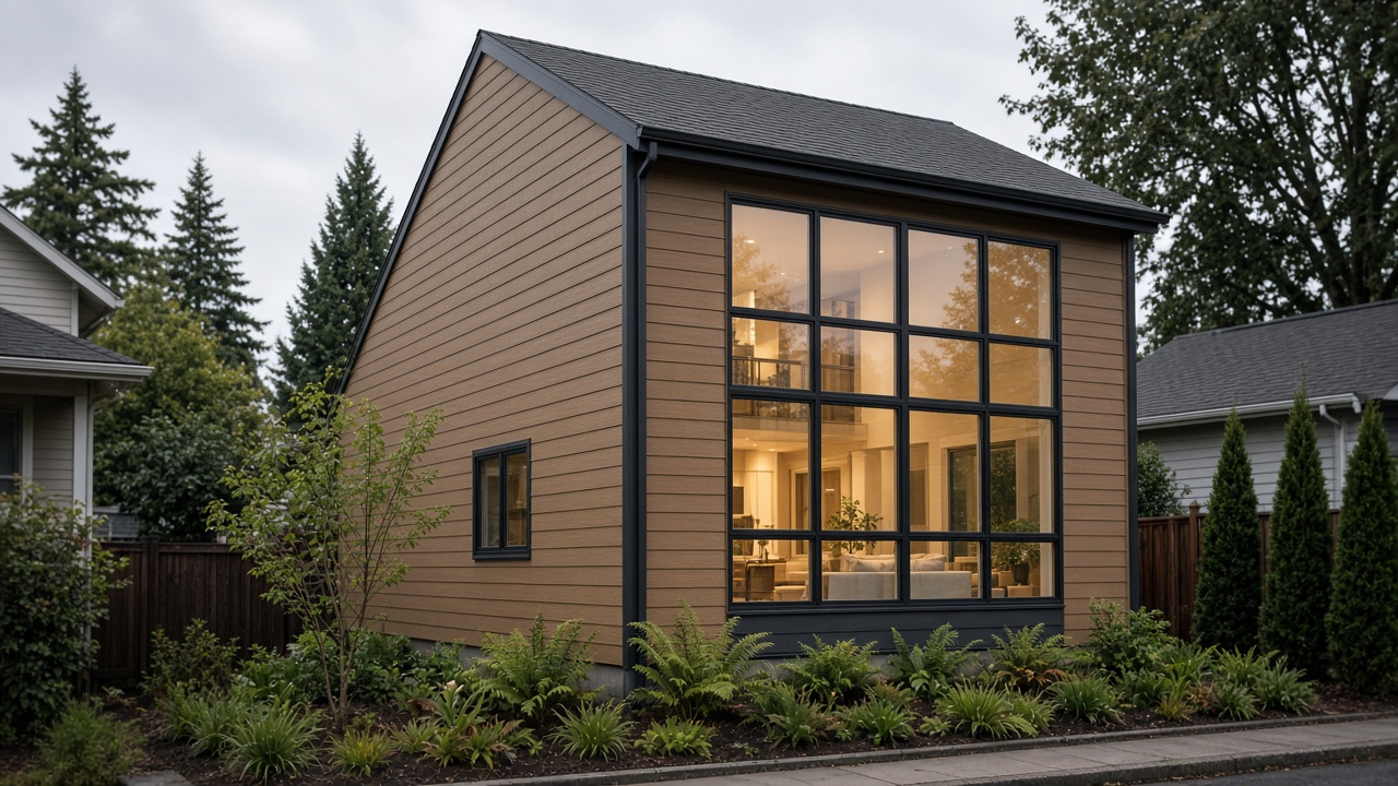 A small new two-story house with tan fiber-cement siding and a tall grid of lit windows, ferns and evergreens around it on a Pacific Northwest street.