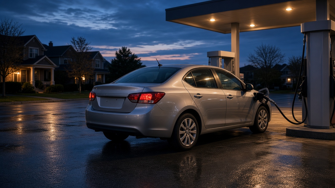 A silver compact sedan at a gas pump on a rain-wet evening, houses with lit windows across the street.