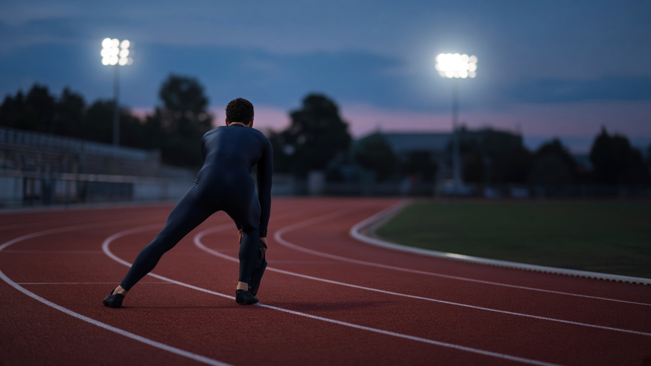 A runner in a dark full-body speedsuit stretching on a red track at dusk, stadium lights glowing behind.