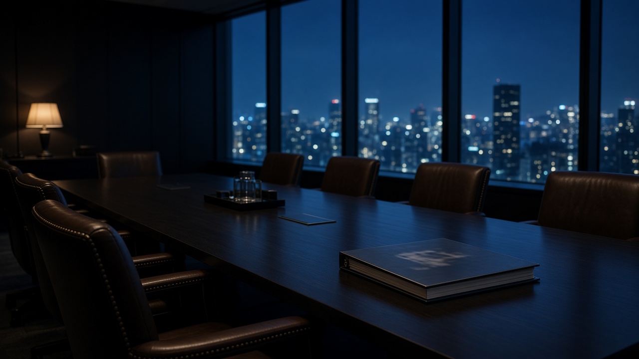 A dark boardroom at night: a bound document on a long table with empty leather chairs, a city skyline glittering through the windows.