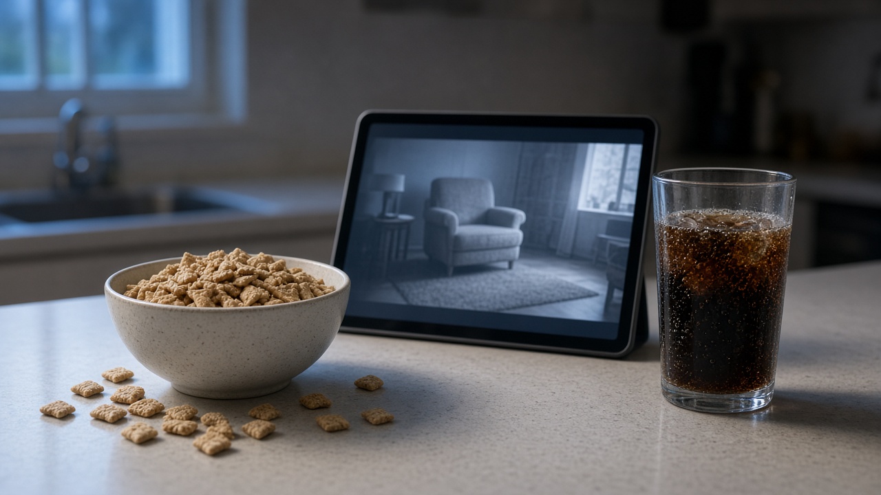 A bowl of cereal and a glass of dark cola on a kitchen counter beside a tablet showing a camera view of an empty armchair.
