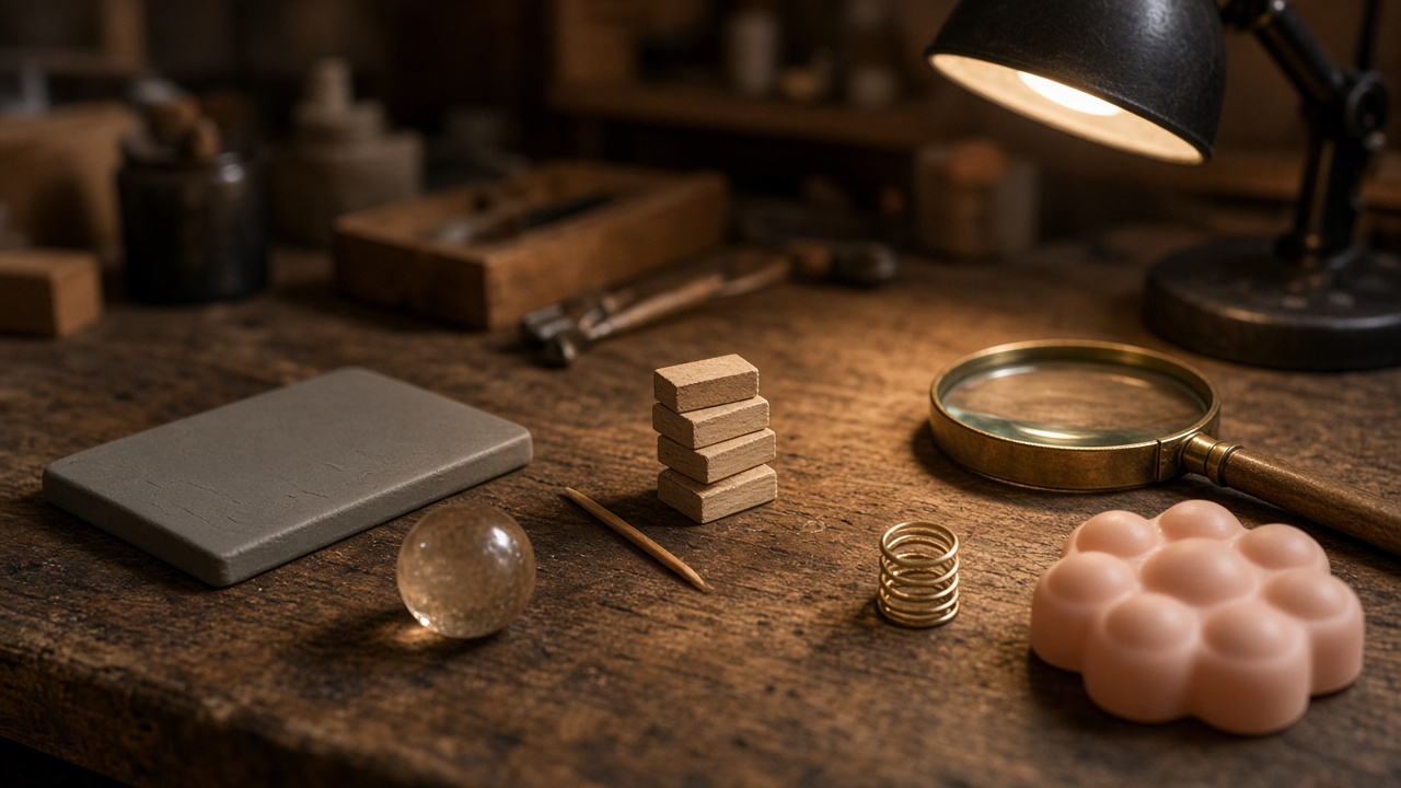 Tiny toys on a workbench under a lamp: a stack of miniature wooden blocks, a toothpick, a small crystal ball, a coiled spring and a magnifying glass.