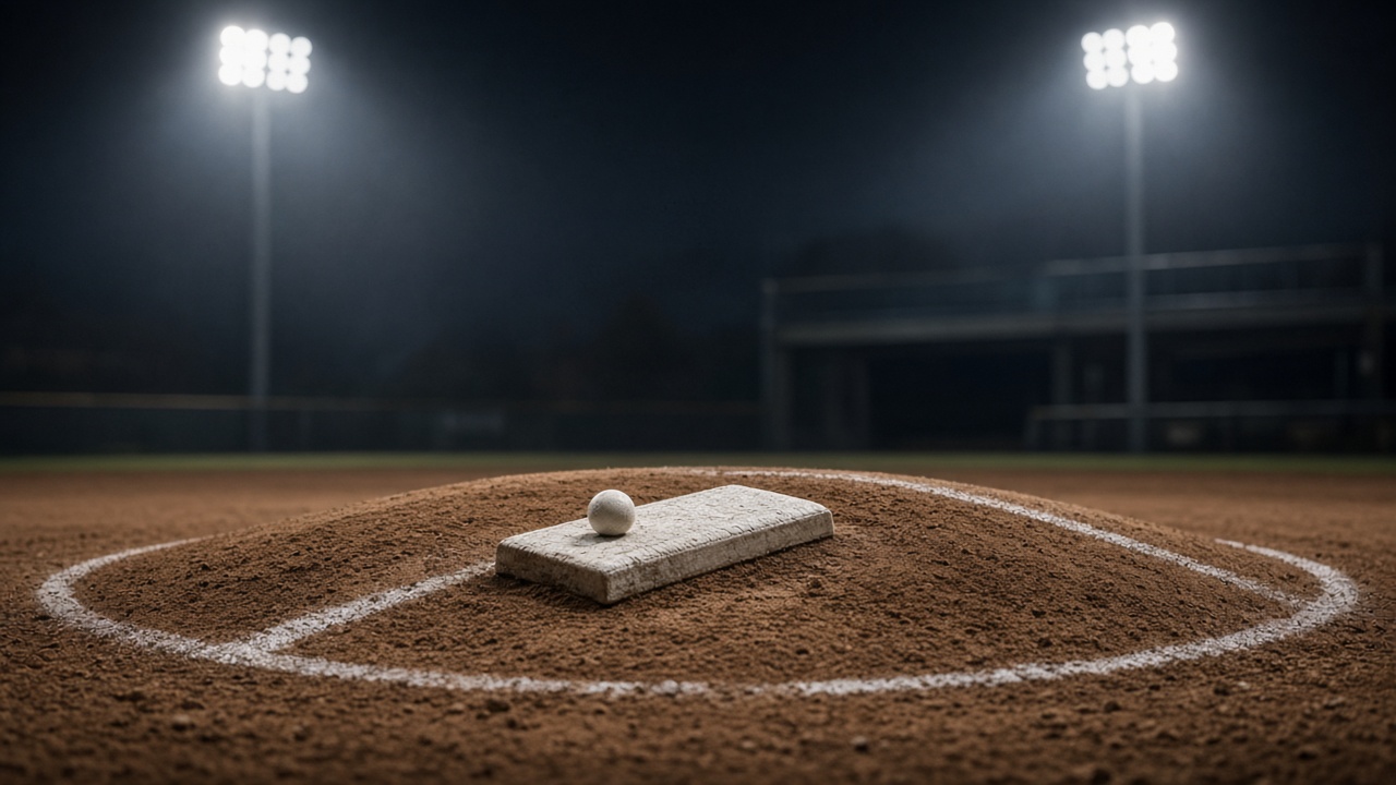 A baseball resting on the pitching rubber of an empty mound under bright stadium lights at night.