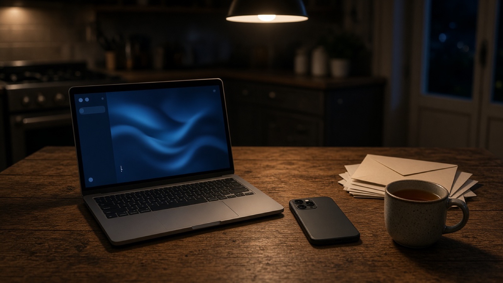 An open laptop glowing with a soft blue abstract screen sits on a rustic kitchen table at night under a single pendant lamp, beside a face-down smartphone, a stack of envelopes and a mug of tea.