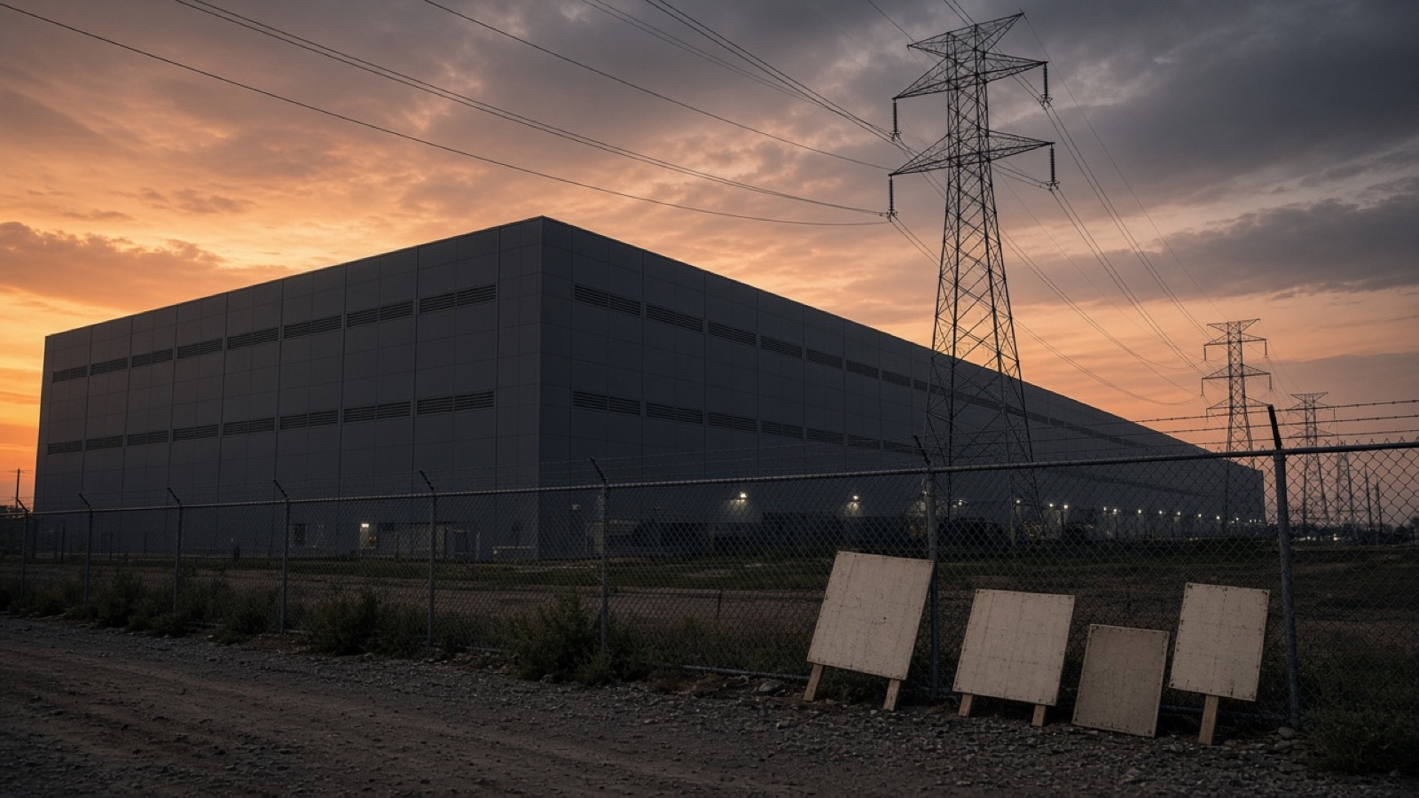A long, windowless data-center building sits behind a chain-link fence at dusk under steel transmission towers and power lines, an orange and gray sky overhead and four blank wooden placards leaning against the fence.