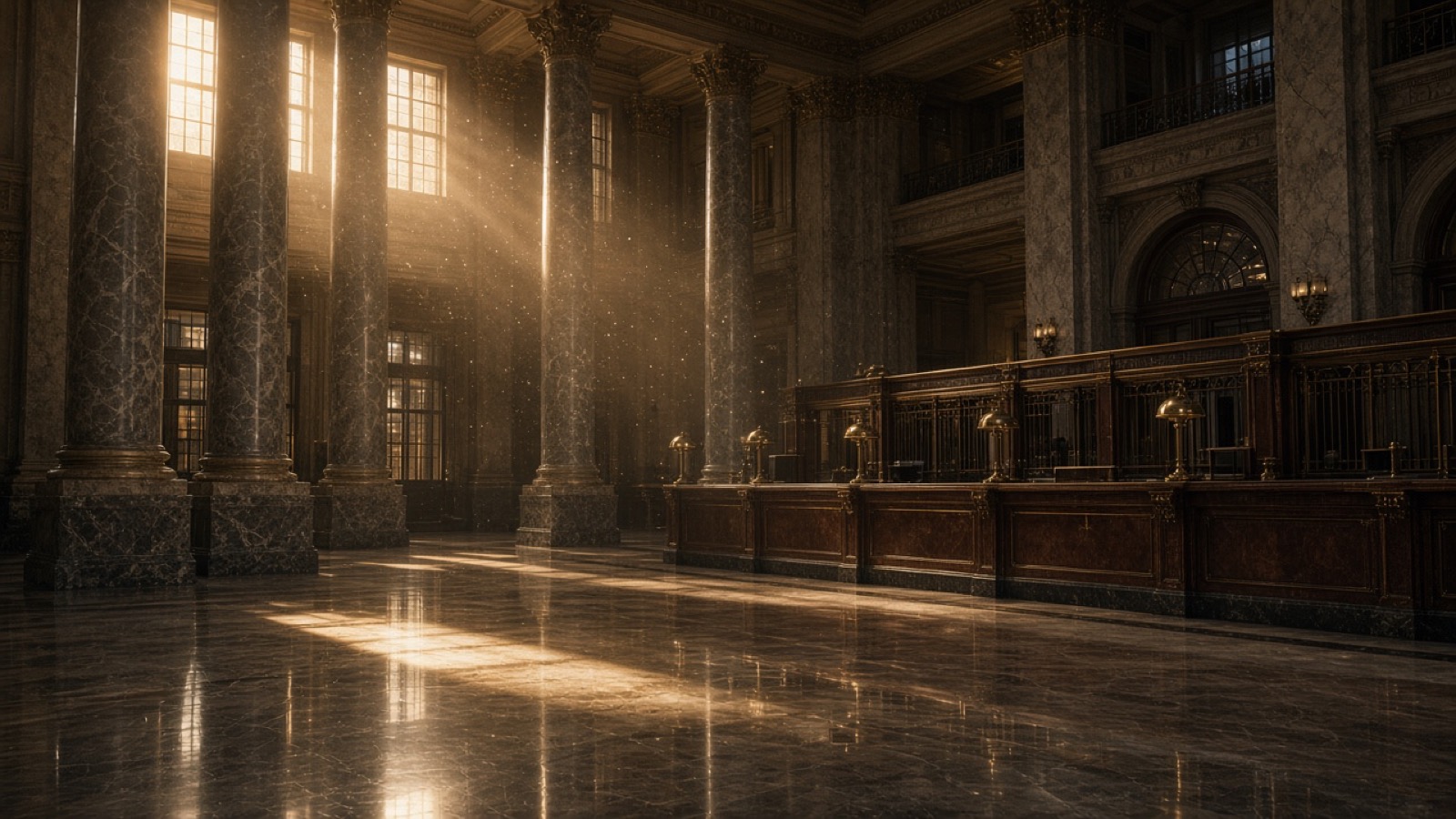 An empty, grand bank lobby with tall dark marble columns, wooden teller counters topped with brass lamps, and a polished stone floor, lit by golden shafts of late sunlight full of floating dust from high windows.