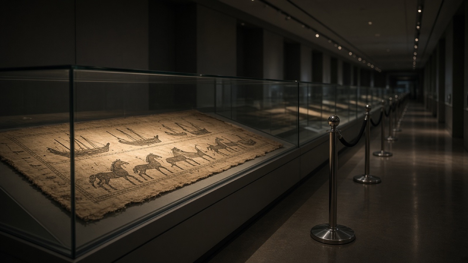 A long, dim museum gallery with a glass case holding an aged linen panel decorated with ships and horses under warm spotlight, chrome queue posts with black ropes running down the corridor beside it.