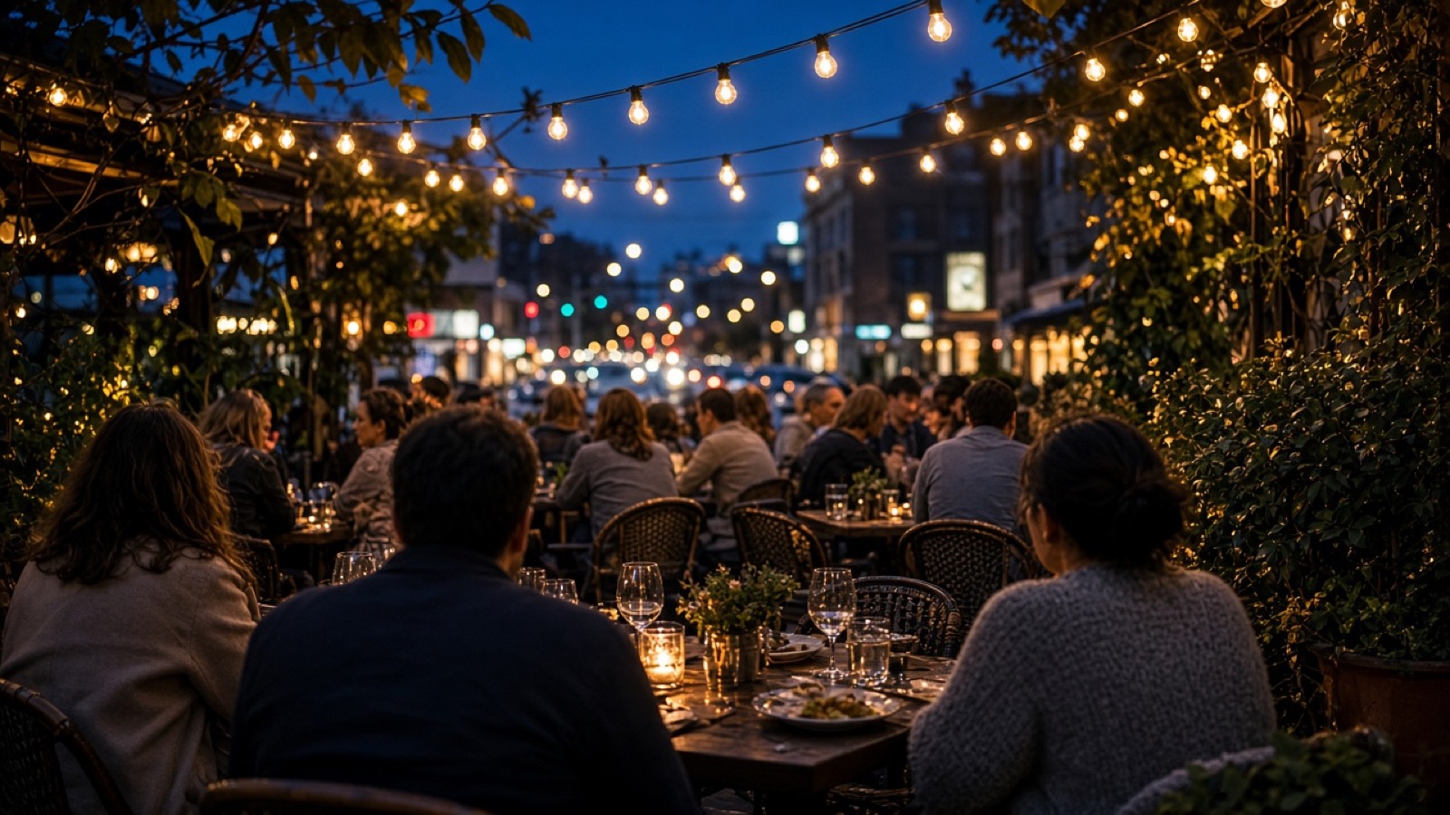Diners seen from behind fill a busy outdoor restaurant patio at blue hour under strings of glowing bulbs and leafy vines, candles and wine glasses on the tables and a blurred city street of lights beyond.