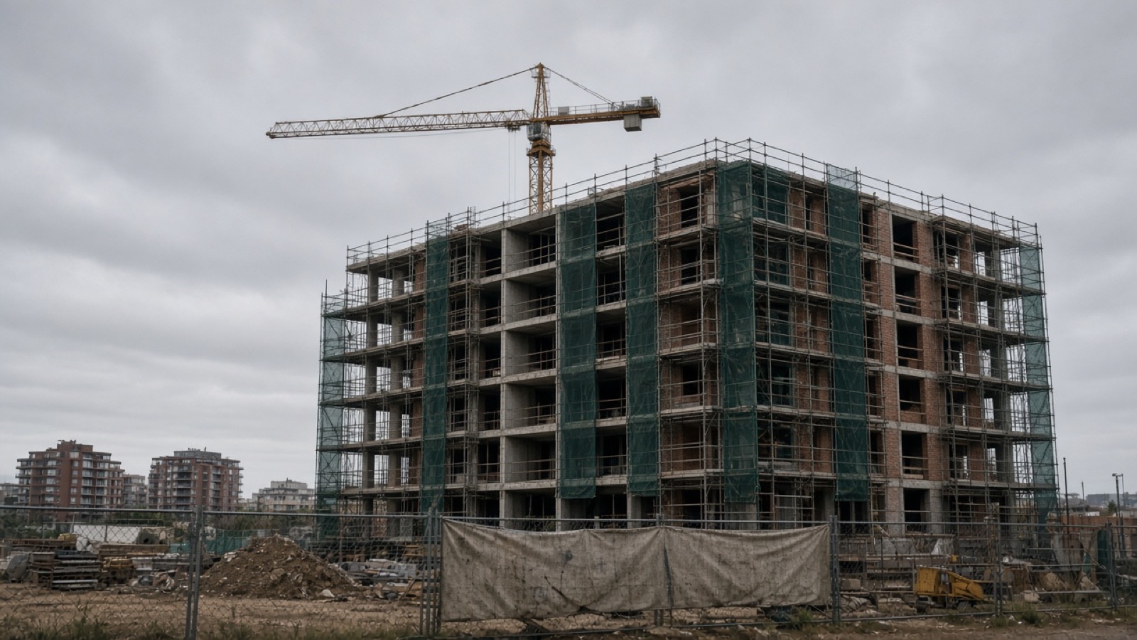 A half-built brick and concrete apartment block wrapped in scaffolding and green mesh stands under a flat gray sky, a yellow tower crane idle above it and a weathered blank tarp hung on a chain-link fence in front.