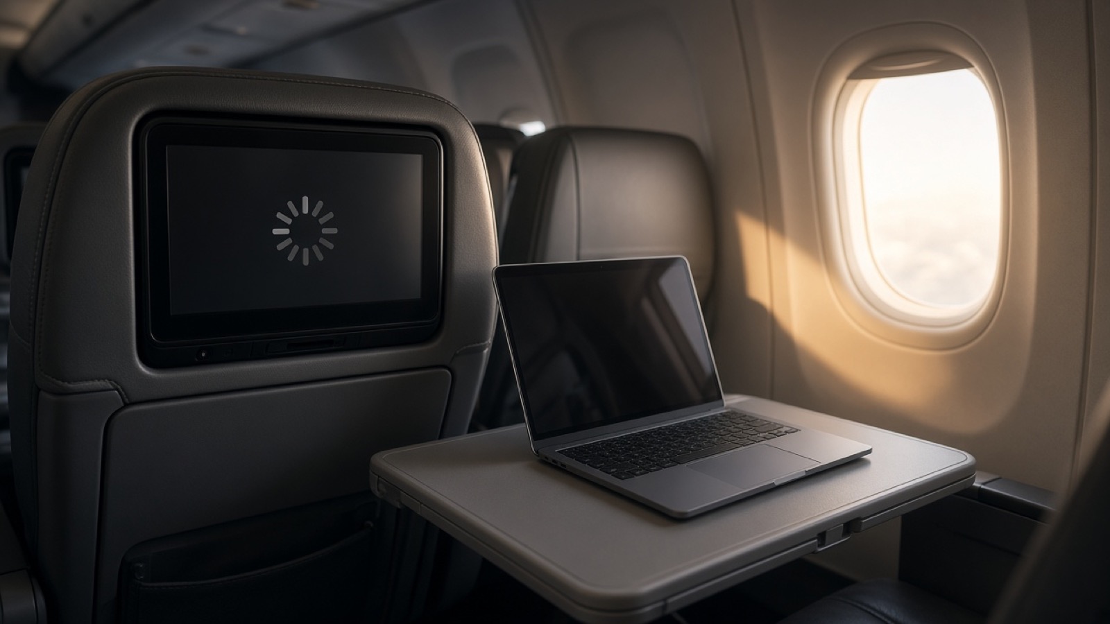 Inside an airliner cabin, a seatback screen shows a loading spinner above a tray table holding an open laptop, while warm low sunlight pours through an oval window onto the cabin wall.
