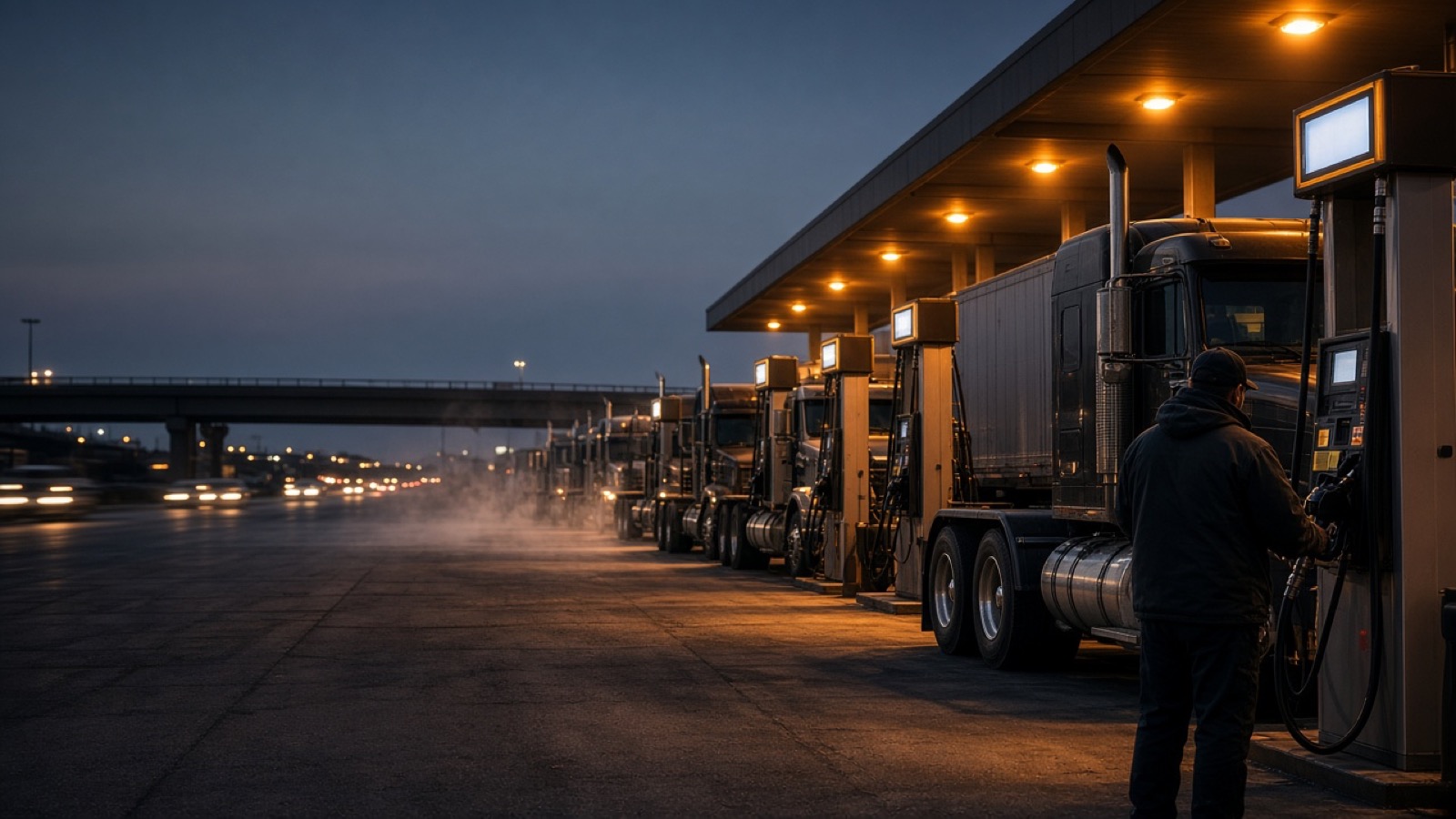 A row of dark semi trucks lines up at diesel pumps under a lit canopy at dusk, one driver in a cap and hoodie seen from behind at a nozzle, with an overpass and blurred headlights in the distance.