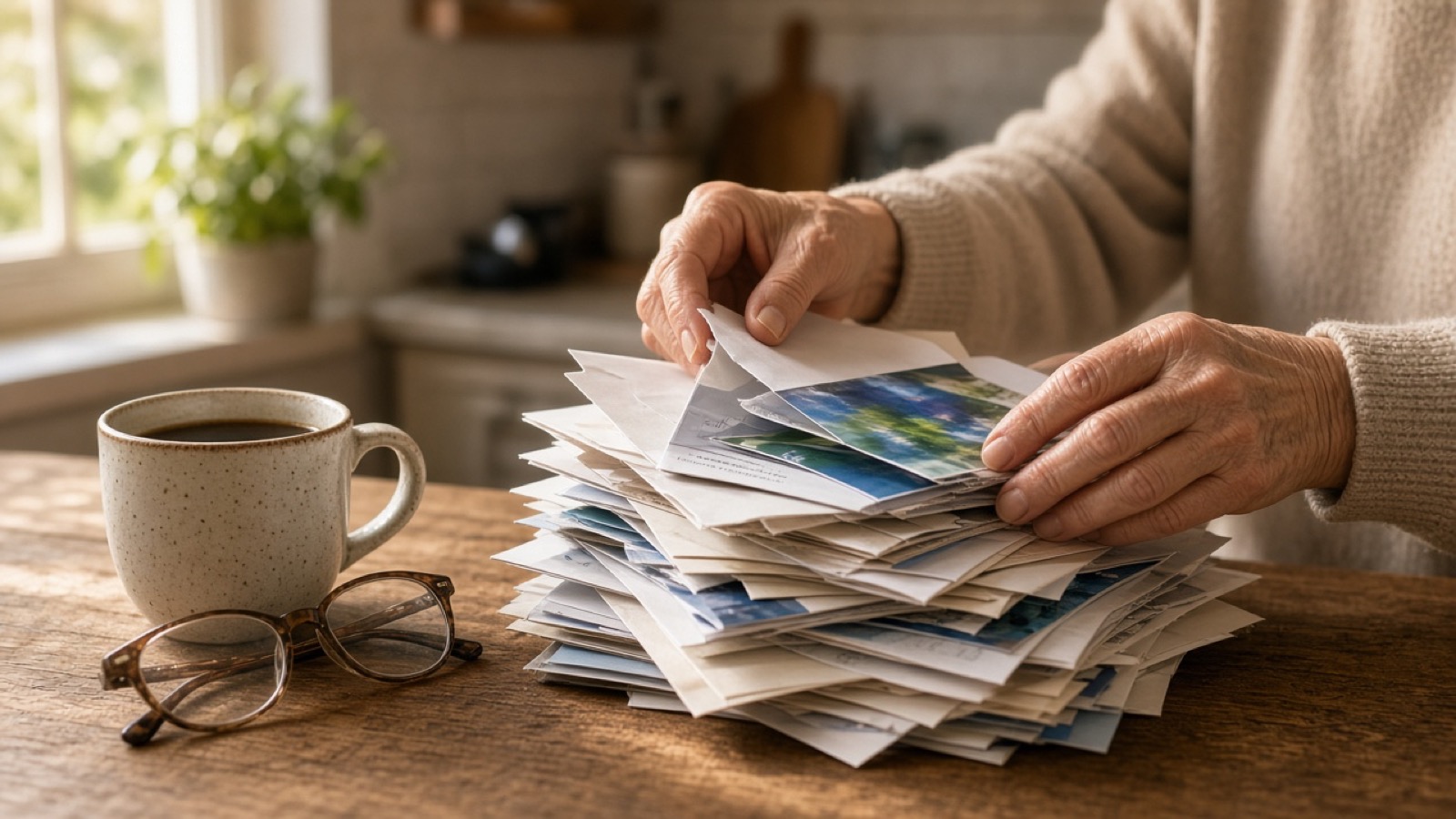 An older person in a cream sweater sorts through a tall, messy pile of opened envelopes and glossy mailers on a wooden kitchen table, with a coffee mug and reading glasses beside it in warm window light.