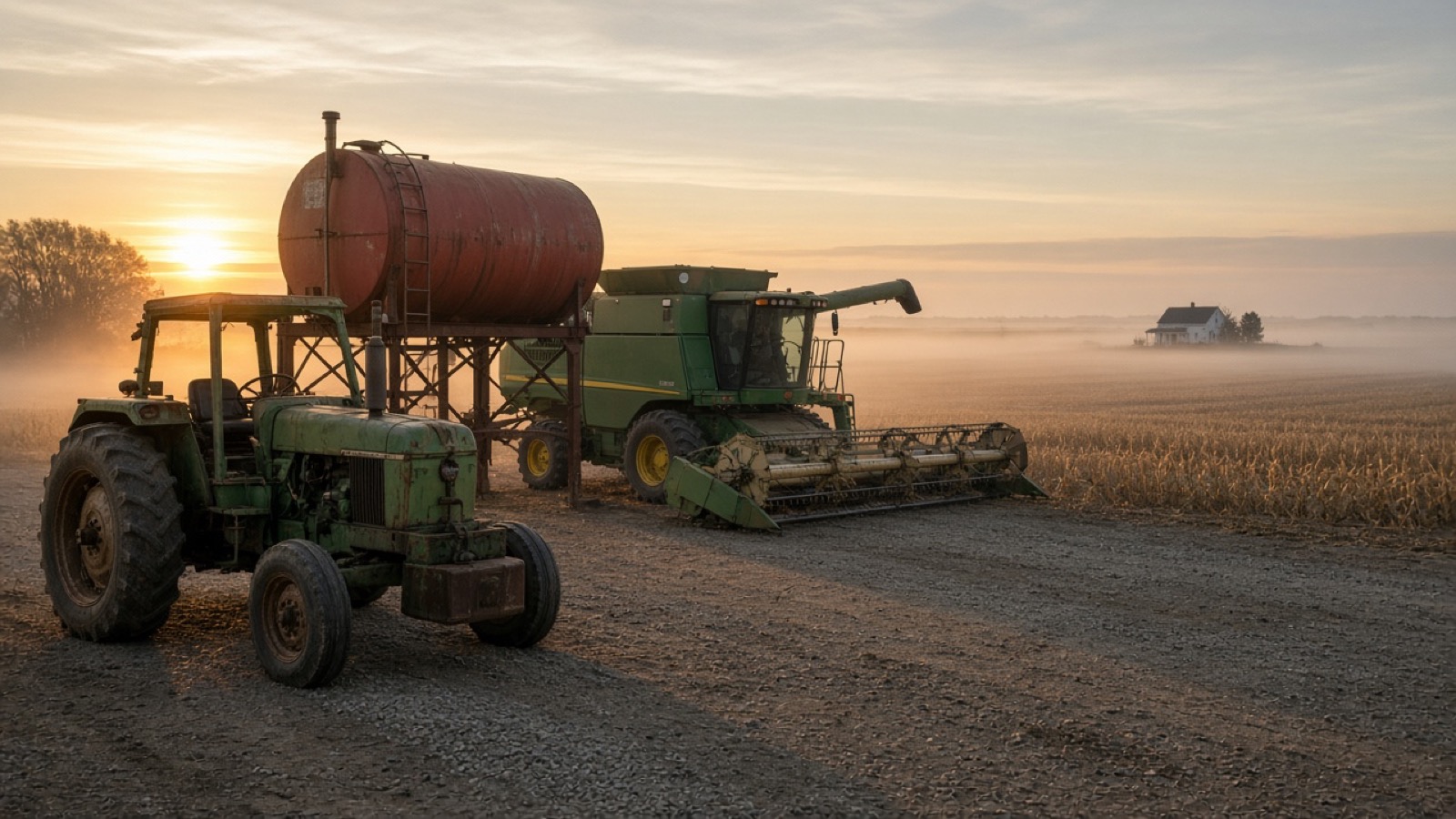 A weathered green tractor and a green combine sit on a gravel farmyard beside a rusty red elevated fuel tank at sunrise, ground mist drifting over harvested corn toward a small white farmhouse.